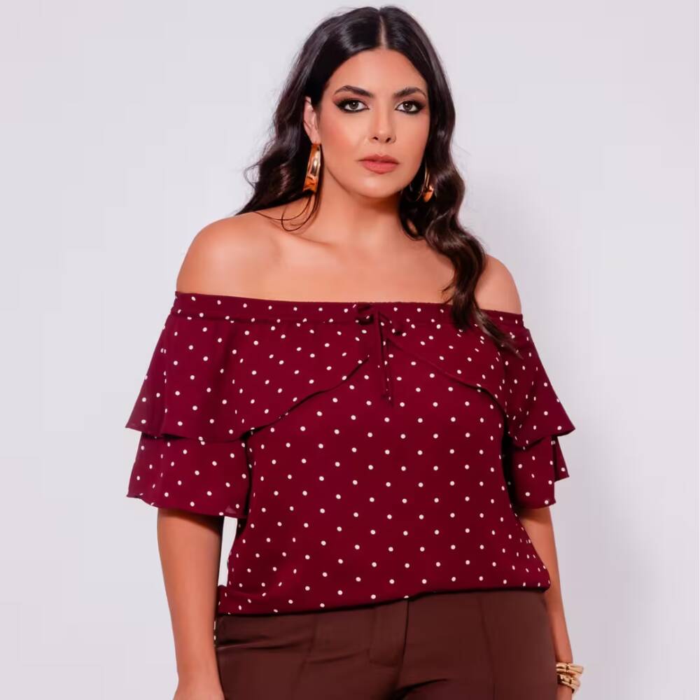 Alternative view of Blusa Feminina Plus Size Manga Curta Ref 13044 Poá Bordo