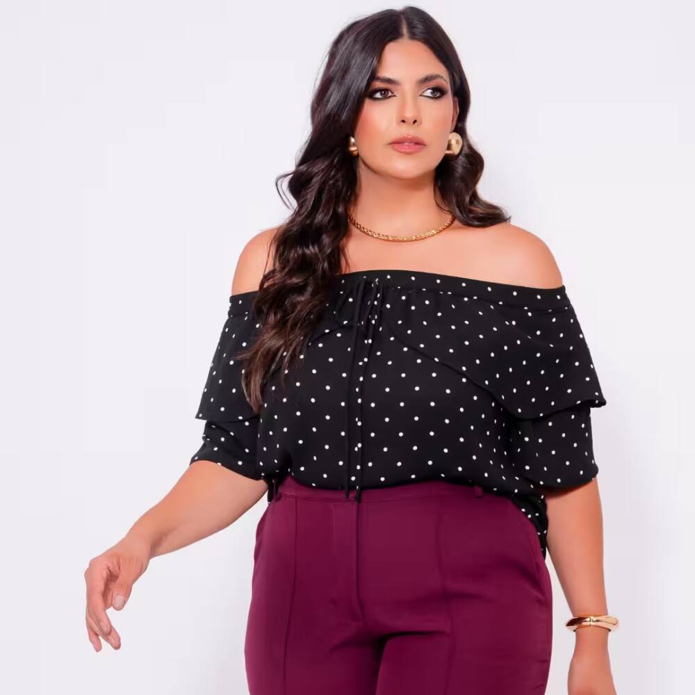 Alternative view of Blusa Feminina Plus Size Manga Curta Ref 13044 Poá Preto