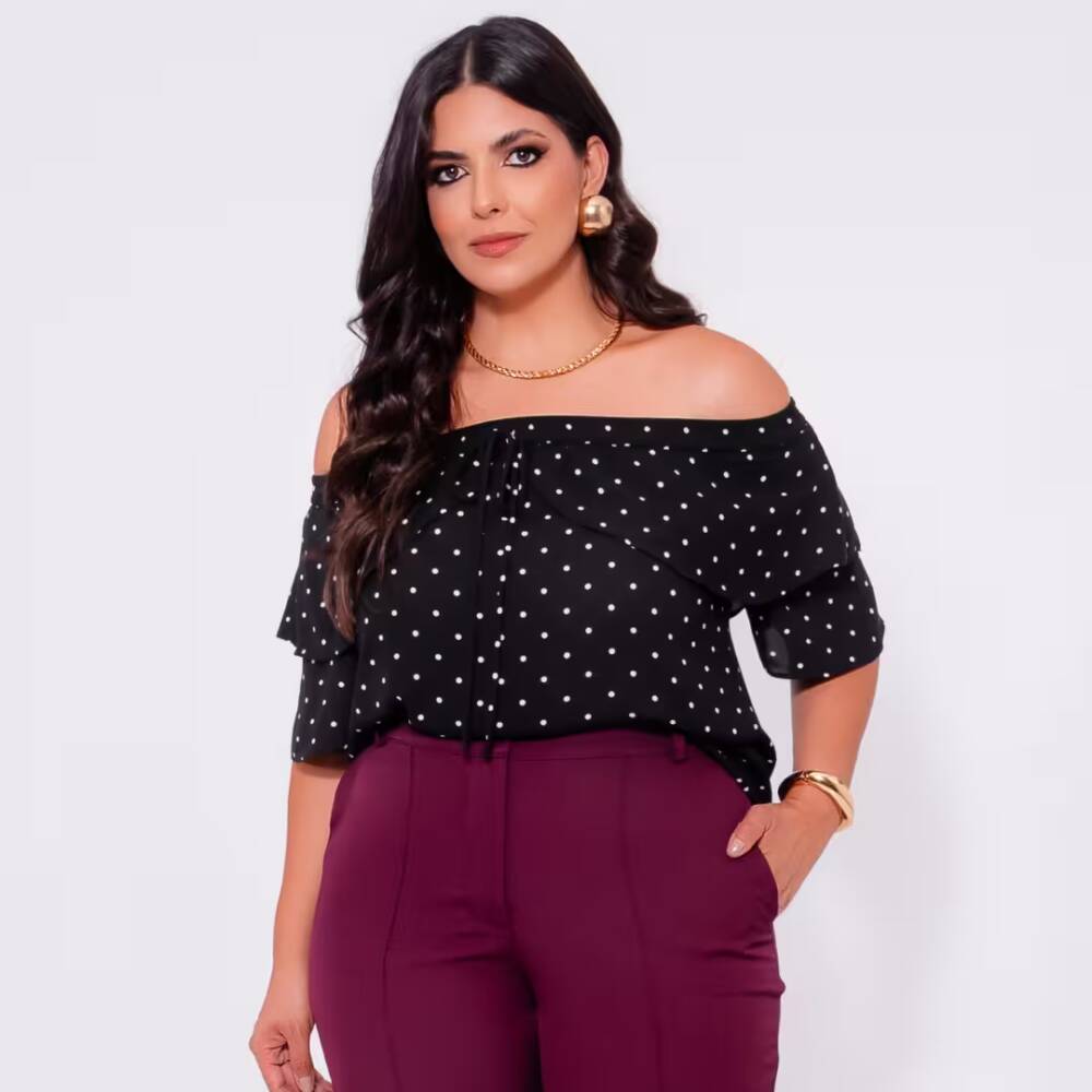 Blusa Feminina Plus Size Manga Curta Ref 13044 Poá Preto