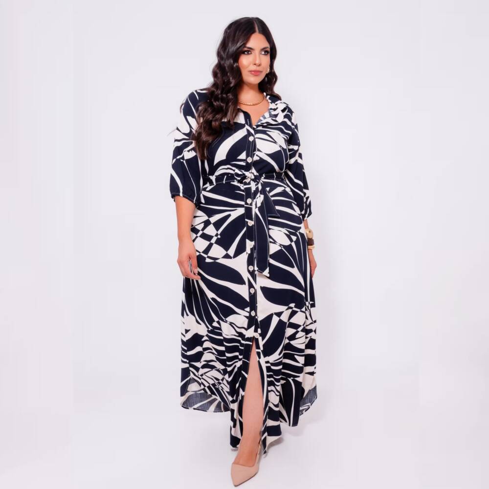 Vestido Longo Plus Size Manga 3/4 Ref 13050 Estampa Marinho