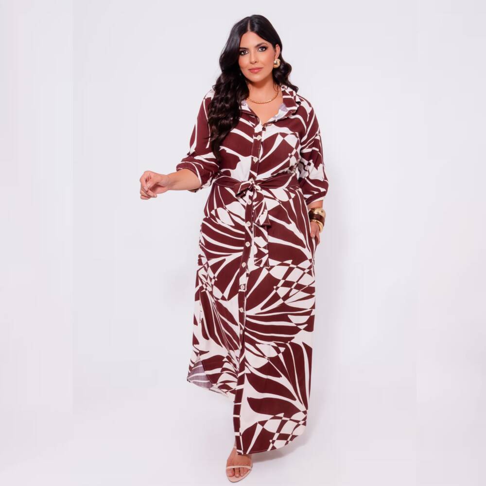 Vestido Longo Plus Size Manga 3/4 Ref 13050 Estampa Marrom