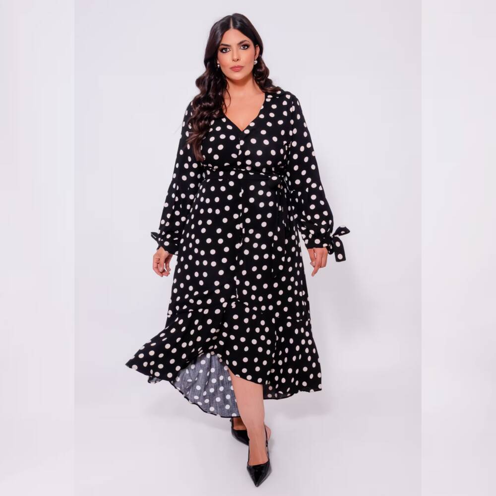 Vestido Longo Plus Size Manga Longa Ref 13056 Poá Preto