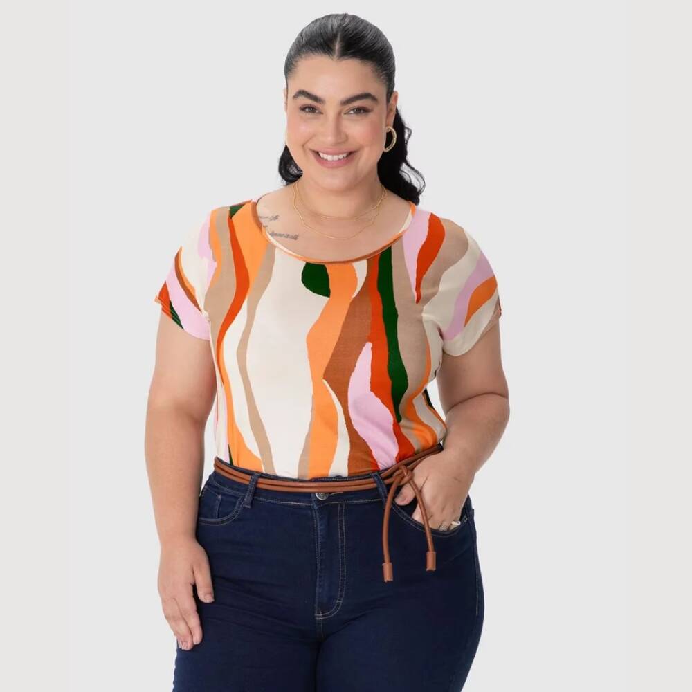 Blusa Feminina Plus Size Manga Curta Ref 132901 Estampa Laranja
