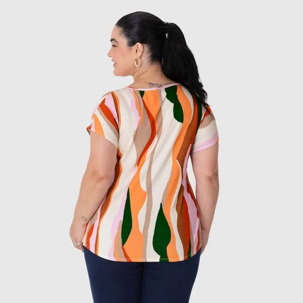 Alternative view of Blusa Feminina Plus Size Manga Curta Ref 132901 Estampa Laranja