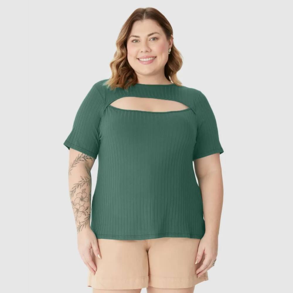 Blusa Feminina Plus Size Manga Curta Ref 132903 Verde