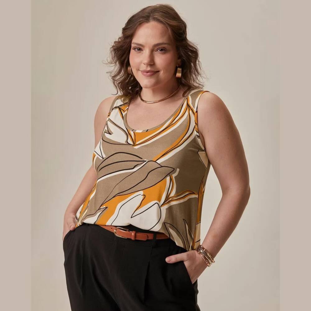 Regata Feminina Plus Size Ref 132908 Estampa Mostarda - 56