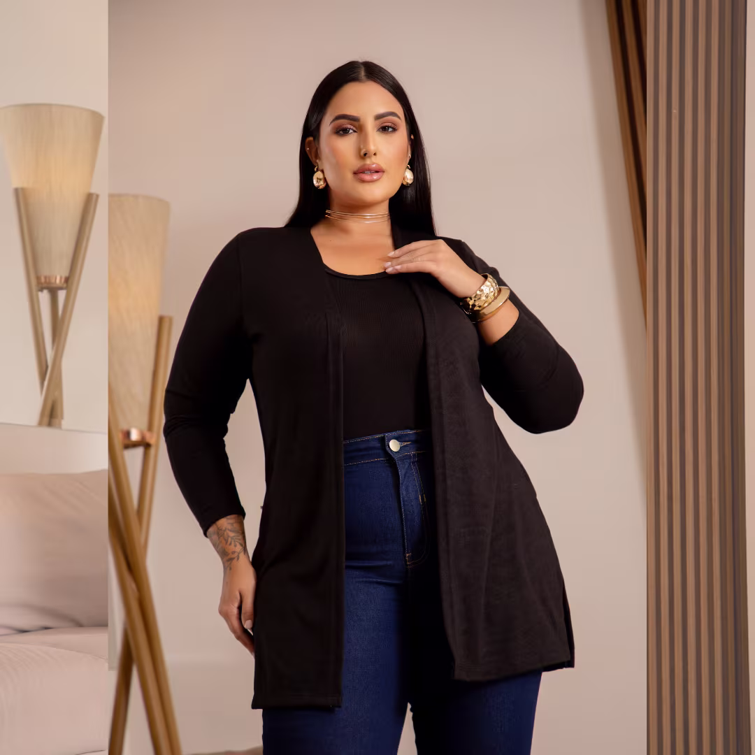 Twin Set Regata + Cardigã Plus Size Ref 206981 Preto