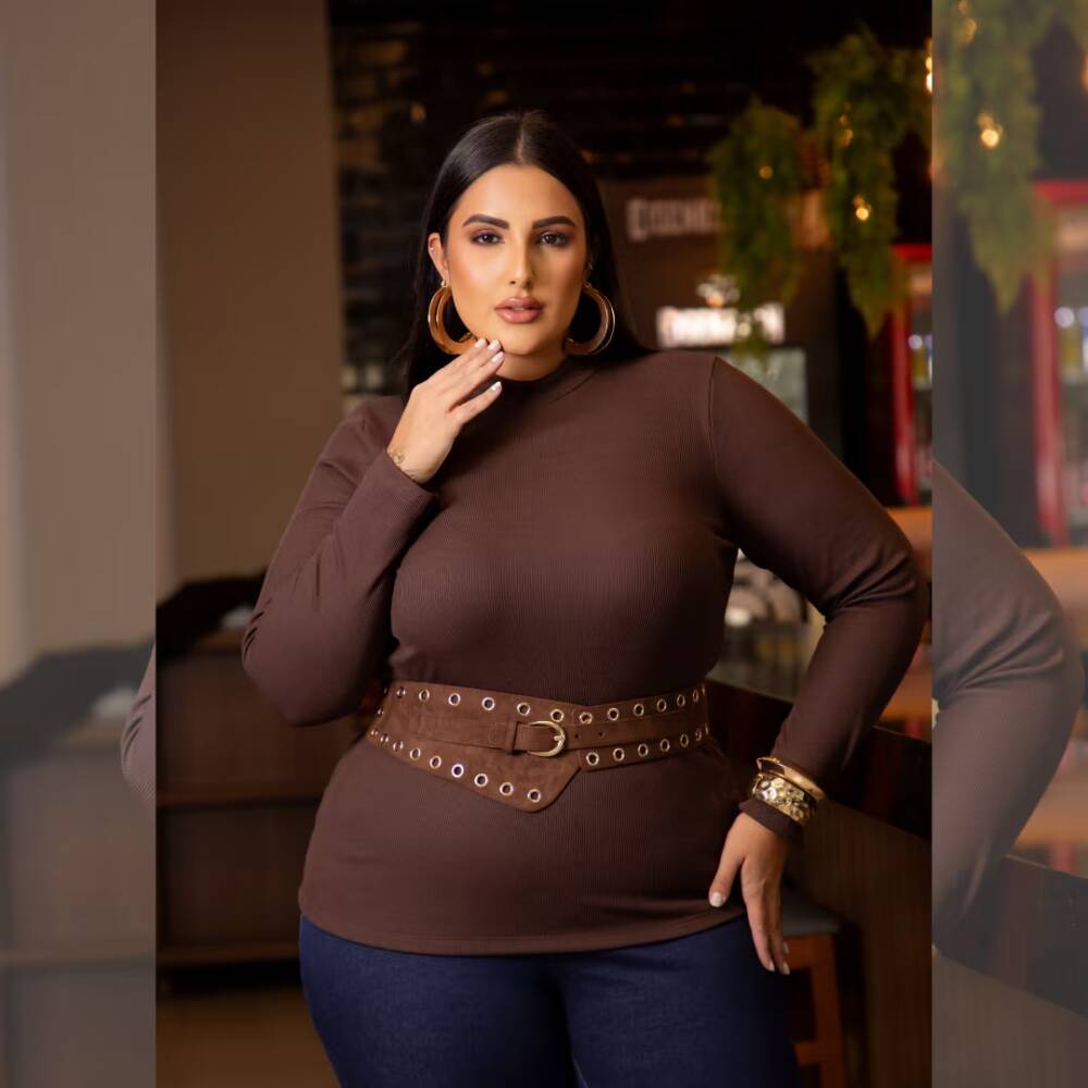 Blusa Plus Size Manga Longa Ref 207030 Marrom - 52