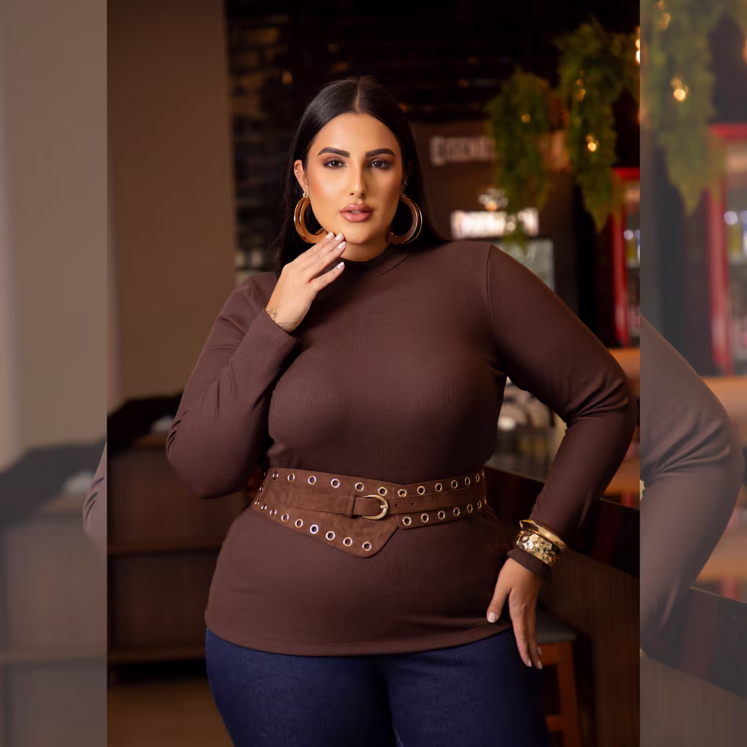 Blusa Plus Size Manga Longa Ref 207030 Marrom