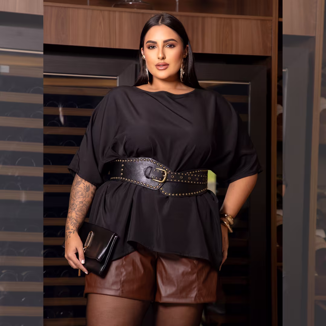 Blusa Plus Size Manga Curta Ref 7032 Preto