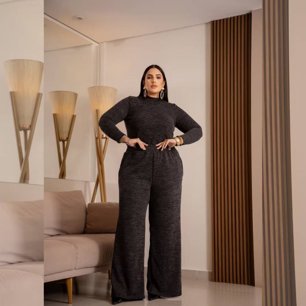 Conjunto Feminino Plus Size Blusa Manga Longa + Calça Ref 7131 Preto