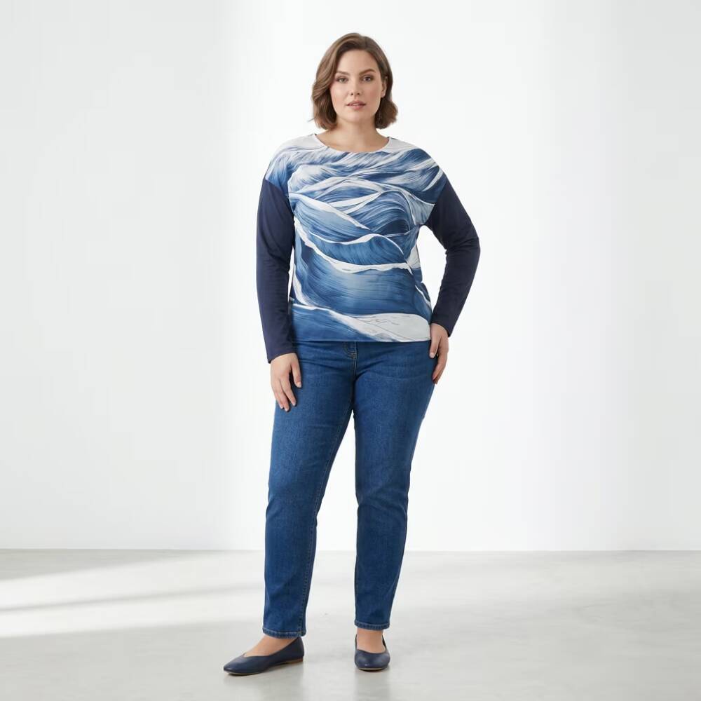 Alternative view of Blusa Feminina Plus Size Manga Longa Ref C8165 Estampa Azul