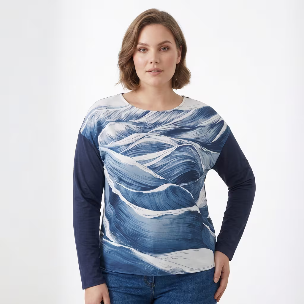 Blusa Feminina Plus Size Manga Longa Ref C8165 Estampa Azul