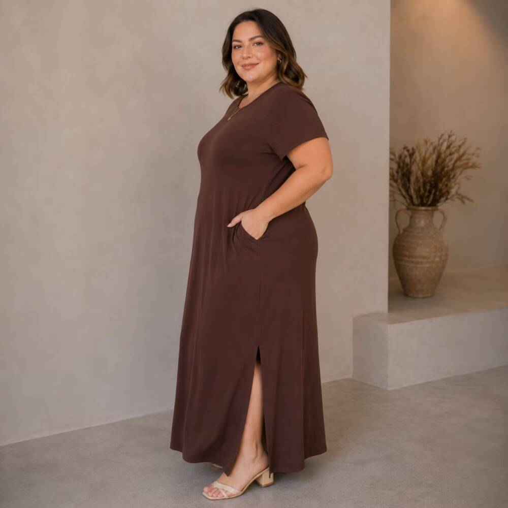 Alternative view of Vestido Longo Manga Curta Plus Size Ref VLM-222 Marrom