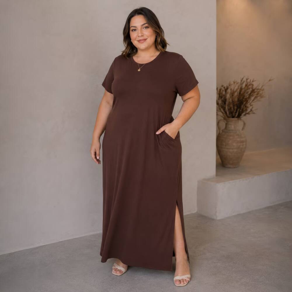 Vestido Longo Manga Curta Plus Size Ref VLM-222 Marrom