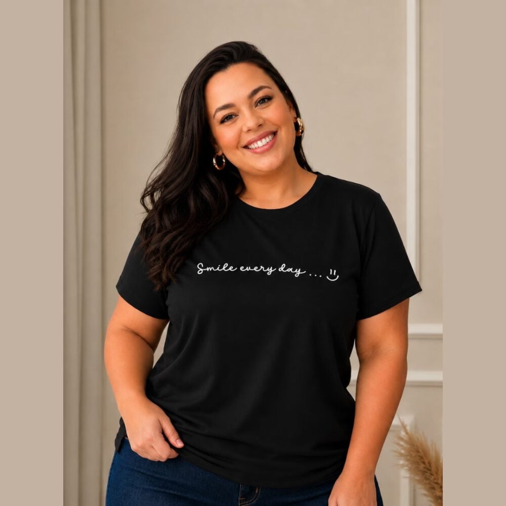 Blusa Feminina Manga Curta Plus Size Ref Smile Preto - 58