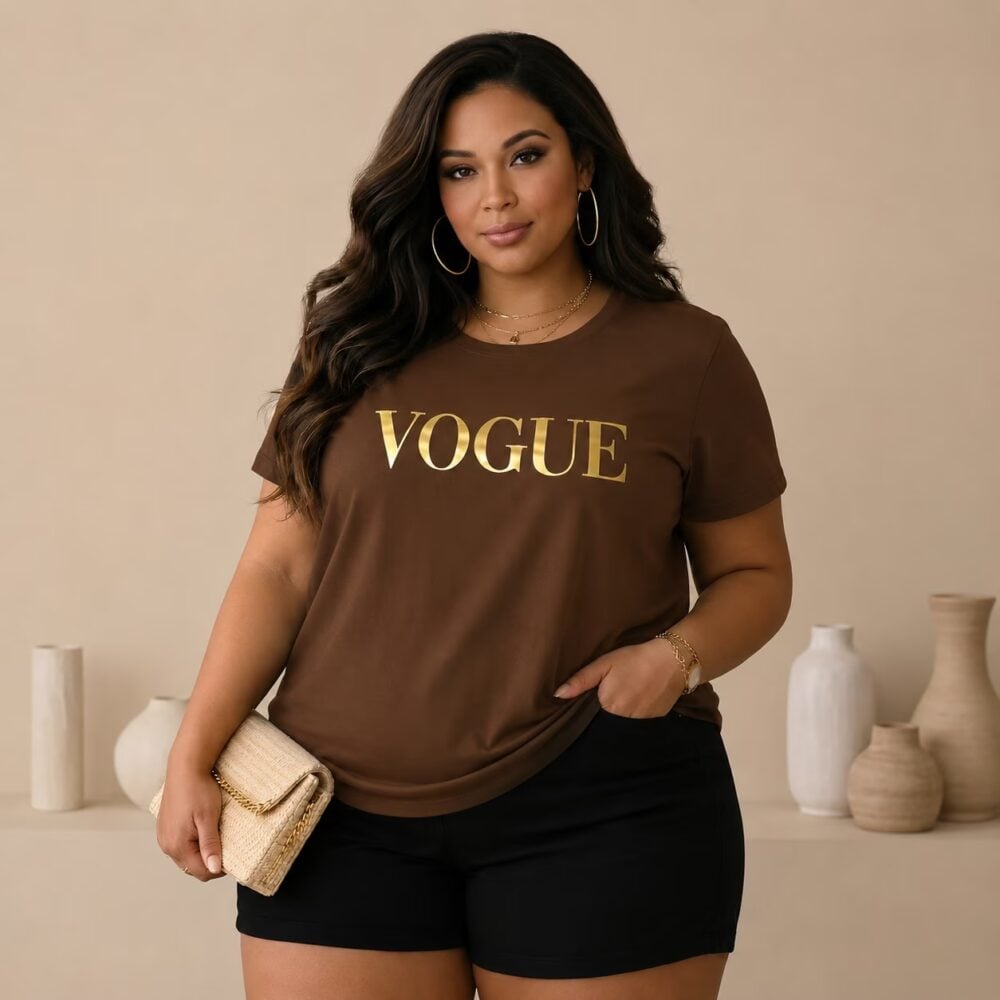Blusa Feminina Manga Curta Plus Size Ref Vogue Marrom Dourado