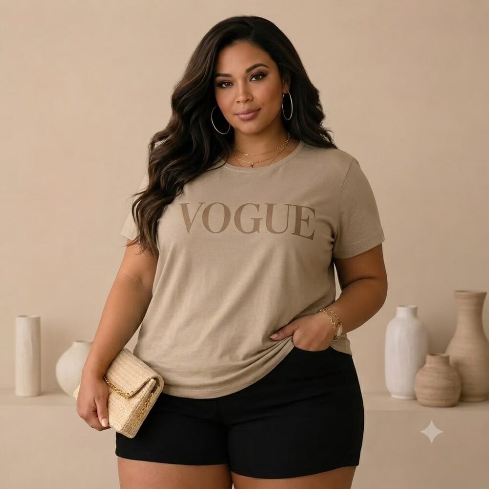 Blusa Feminina Plus Size Manga Curta Ref VOGUE Bege