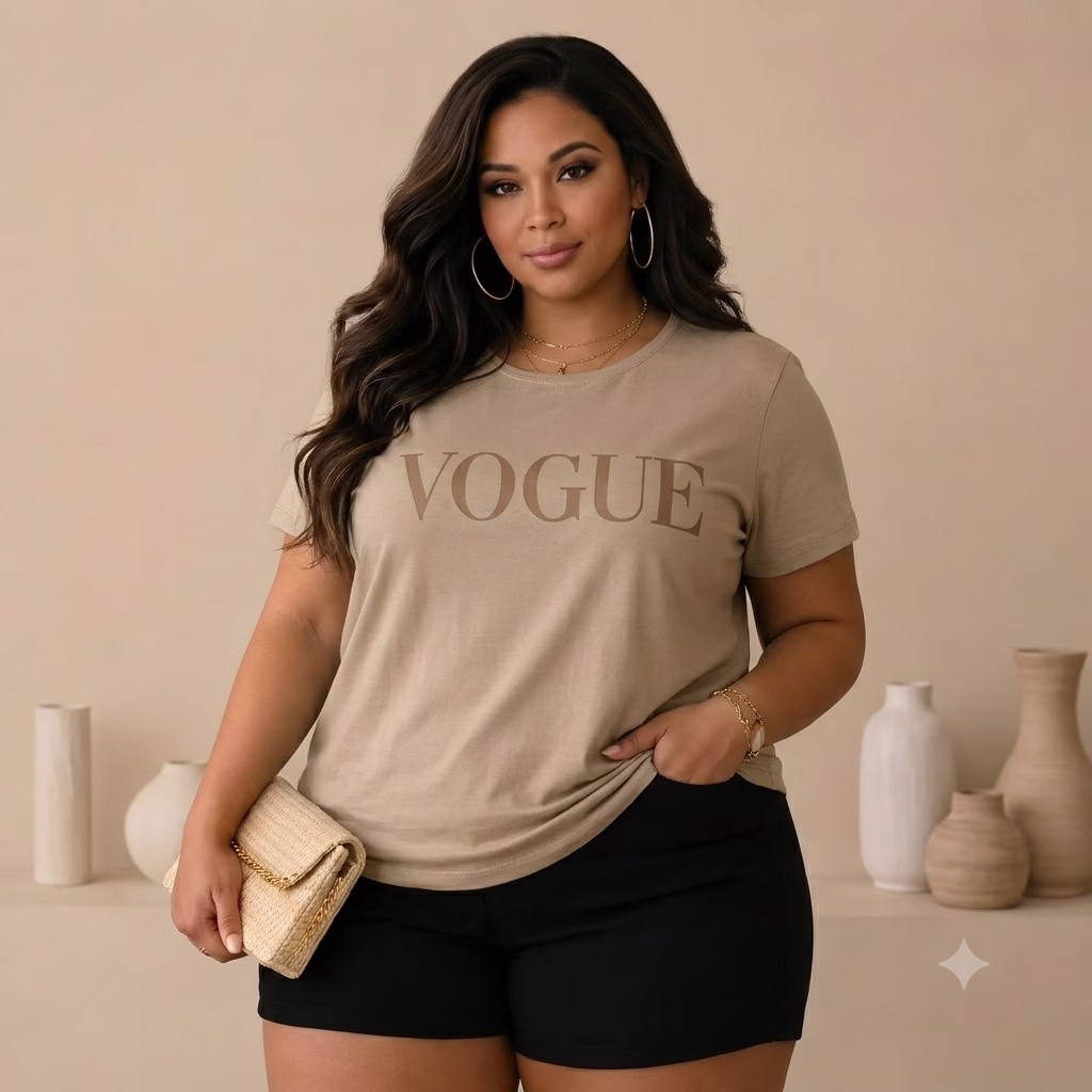 Blusa Feminina Plus Size Manga Curta Ref VOGUE Bege